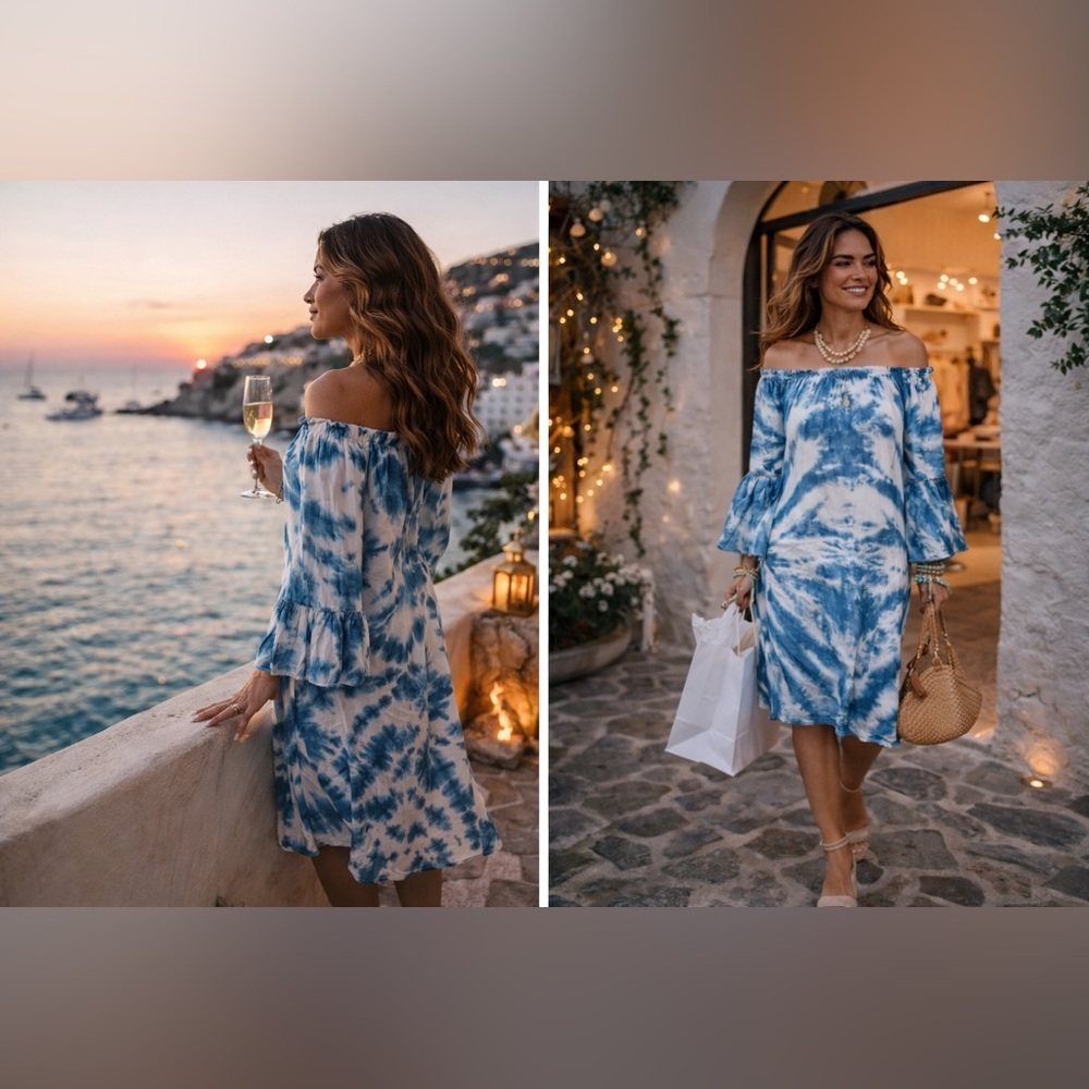 Seven Islands NewYork Blue Tie-Dye Off-Shoulder Midi Dress 🩵🤍🩵🤍